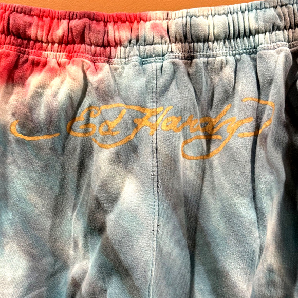 Vintage ED HARDY Skull Dagger Blue Yellow Red Tie Dye Jogger Pants Size XL RARE - Picture 3 of 7